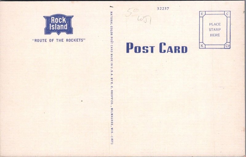 Postcard Rock Island Railroad Train Rocky Mountain Rocket Foot Pike's Peak
