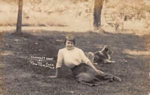 Paw Paw Lake Taking It Easy Lady with Dog Real Photo Vintage Postcard AA62843