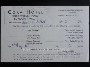 London: Cora Hotel, Upper Woburn Place WC1 - BOOKING CONFIRMATION c1961