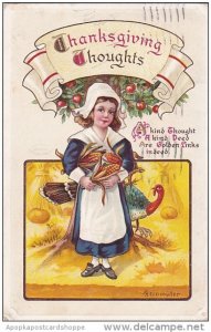 THanksgiving Thoughts Young Girl With Turkey Signed Heinmueller 1912