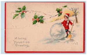 Christmas Postcard Greeting Holly Berries Boy Big Snowball Osceola MO 1915