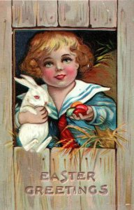 c1910 John Winsch Back Easter Boy Rabbit Colored Eggs Vintage Postcard P118