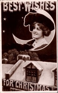 Christmas Real Photo Postcard Woman's Face Crescent Moon Snowy Rooftop House