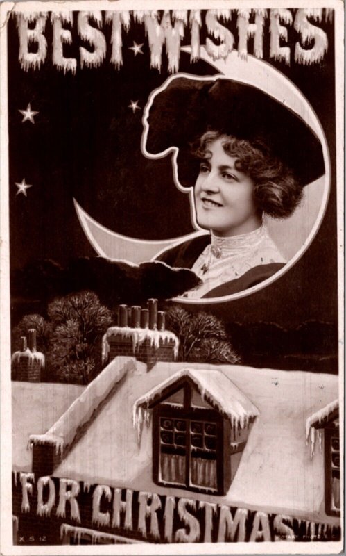 Christmas Real Photo Postcard Woman's Face Crescent Moon Snowy Rooftop House