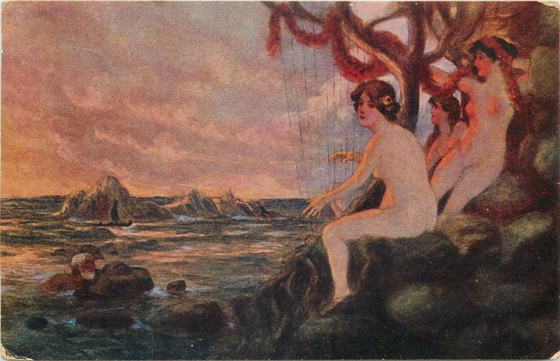 Early art postcard nude in paintings : V.A. Ribano - Mermaid harp