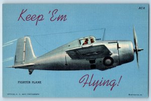 WWII Postcard Fighter Plane Keep Em Flying US Navy c1940's Unposted Vintage