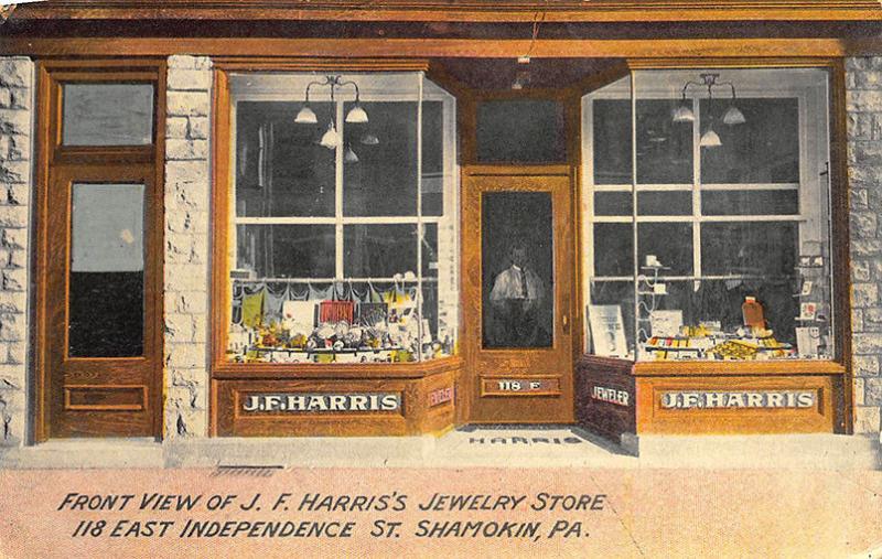 Shamokin PA J. F. Harris's Jewelry Store Front on Independence Street Postcard