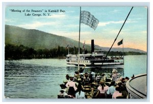 c1910 Meeting of the Steamers, Kattskill Bay, Lake George NY Postcard