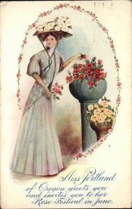 Miss Portland Oregon OR Beautiful Woman 1910 Rose Festival Ad Postcard