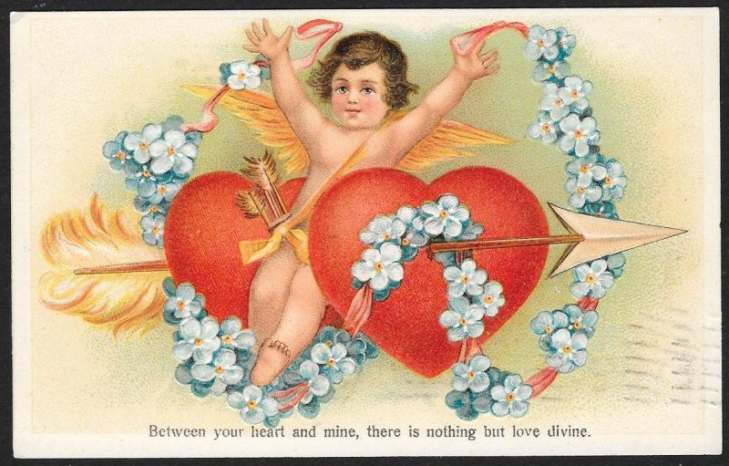 Valentine Cupid Violets Arrow Through Two Hearts Used c1907