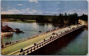 Fishing Bridge Across Yellowstone River Near Lake in Wyoming WY Postcard