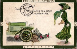 Foolish Questions, Man Fixing Car, Had a Breakdown? c1910 Postcard S57