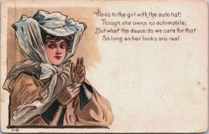 Art Nouveau Lady, There's To The Girl With The Auto Hat Vintage Postcard C174