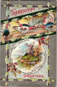 Thanksgiving Turkeys Windmill Embossed c1910 Vintage Postcard E10
