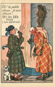 Comic Humor Women looking at Peeing Statue dog Postcard 21-13665