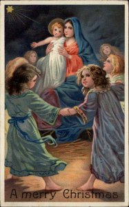 Christmas Children Dancing Around Baby Jesus Christ Gel Vintage Postcard