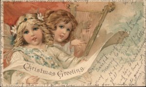 Christmas Angel Children Harp c1900 Private Mailing Card