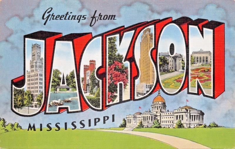 JACKSON MISSISSIPPI LARGE LETTER-PHOTO KEY ON REVERSE POSTCARD 1940s