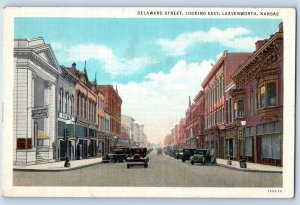 Leavenworth Kansas Postcard Delaware Street Looking East c1940 Vintage Antique