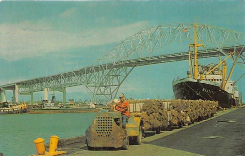 Corpus Christi Texas~Port Corpus Christi~Man Drives Cart of Sacks~Ship~1950s Pc