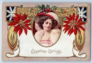 Gibson Postcard Christmas Greetings Pretty Woman Berries Poinsettia Flowers