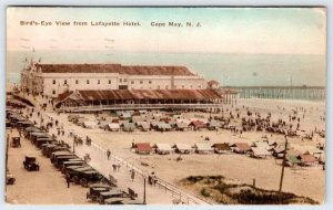 1924 CAPE MAY NJ BIRD'S EYE VIEW FROM LAFAYETTE HOTEL BEACH HANDCOLORED POSTCARD