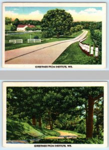 2 Postcards GREETINGS from INSTITUTE, Wisconsin WI ~ Door County c1940s Linen 