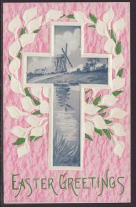 Easter Greetings,Cross,Flowers,Windmill Postcard