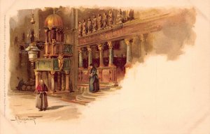 Italy Venice Venezia St Mark Basilica interior signed litho vintage postcard