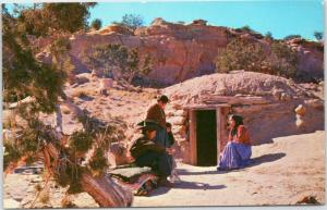 postcard Navajo Family at Entrance to Hogan