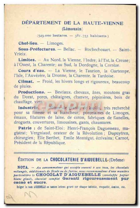 Old Postcard geographical maps of Chocolaterie & # 39Aiguebelle Haute Vienne ...