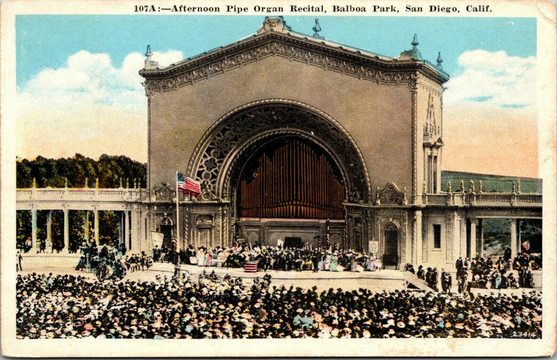 Vtg 1920s Afternoon Pipe Organ Recital Balboa Park San Diego CA Postcard