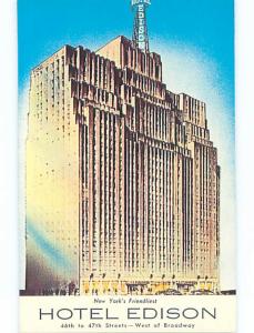 Unused 1950's OLD CARS & EDISON HOTEL Manhattan New York NY Q5797@