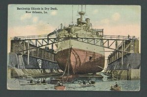 1917 Post Card Battleship Illinois In Dry Dock At New Orleans