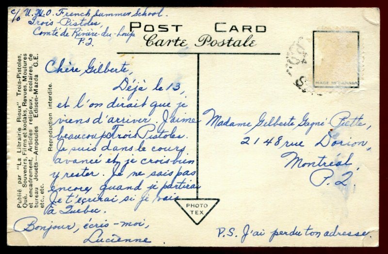 h3185 - TROIS PISTOLES Quebec Postcard 1944 Harbor View