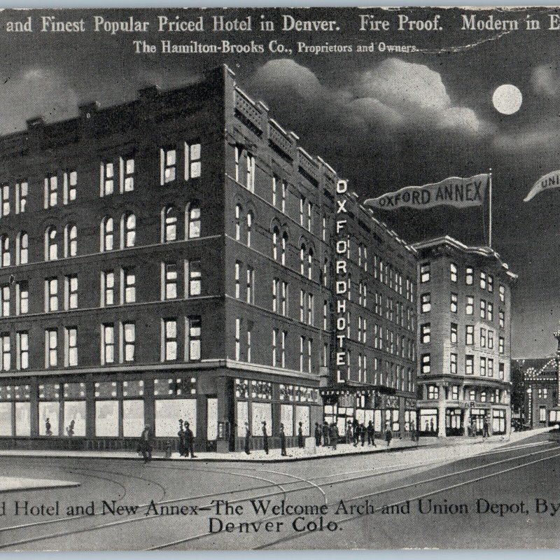 c1910s Denver CO Oxford Hotel Union Streetcar Depot Night PC Advertising A189