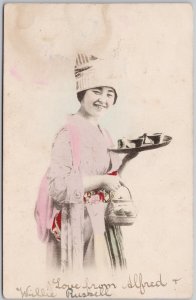 Asian Woman Serving Tea Young Lady Girl Carrying Tea Pot Postcard H72