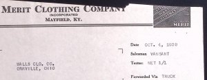 1939 MERIT CLOTHING CO MAYFIELD KY WALLS ORRVILLE OHIO BILLHEAD INVOICE Z259