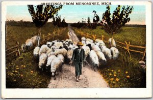 1925 Greetings From Menominee Michigan MI Sheeps Farming Posted Postcard