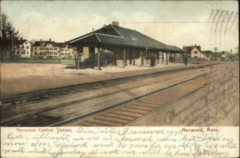 Norwood MA Central RR Train Station Depot c1910 Postcard