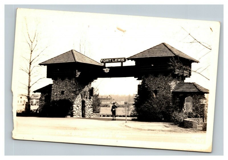 Vintage 1946 RPPC Postcard Fort Lewis Gate McChord Washington Blimp Above