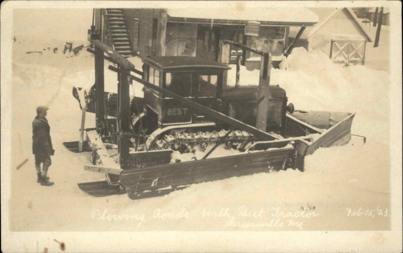 Greenville ME BEST Tractor Equipped w/ Wooden Snowplow 1923 RPPC Postcard