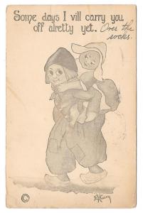 Dutch Kids Artist E H Cary Boy Carrying Girl Vntg Postcard