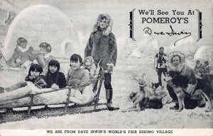 Dave Irwin's World's Fair Eskimo Village, Huskies & Dog Food Ad, Early Postcard