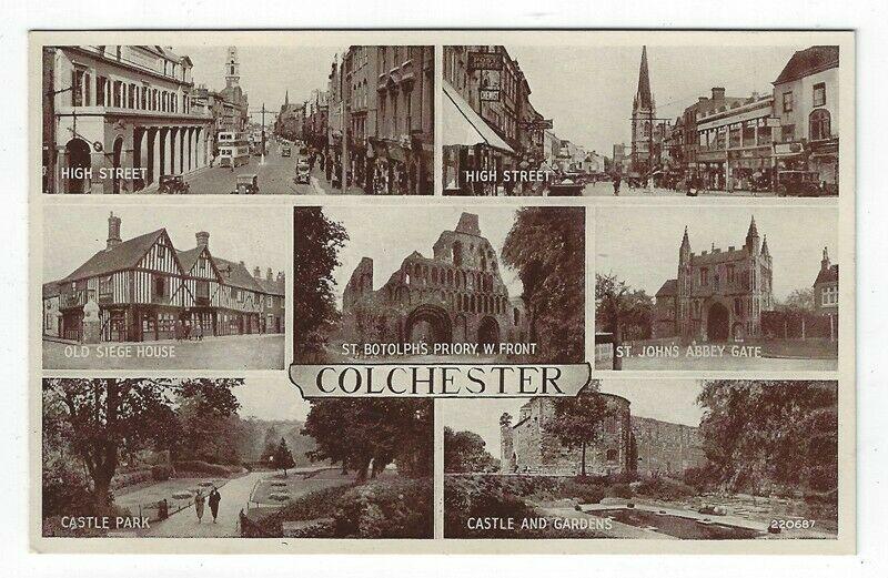 Vintage Postcard Showing Views of Famous Attractions in Colchester, UK