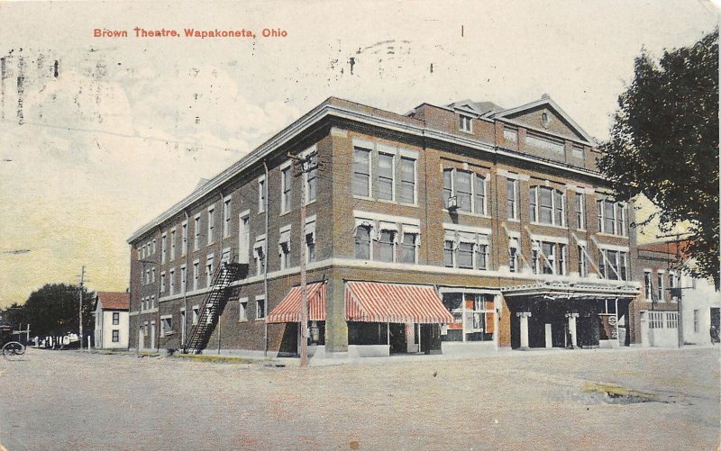 G34/ Wapakoneta Ohio Postcard 1908 Brown Theatre Building Stores