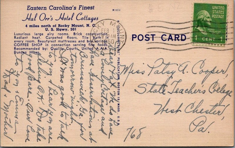 Postcard Hal Orr's Hotel Cottages Rocky Mount NC 1950 North Carolina