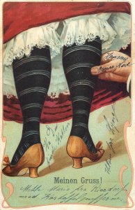 Germany greetings 1905 postcard man hand pinch woman`s underwear legs caricature