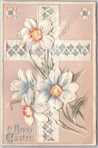A Happy Easter Embossed White Flowers Crucifix Greetings Postcard