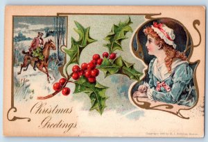 Signed Postcard Christmas Greetings Holly Berries Girl Waiting Skowhegan ME